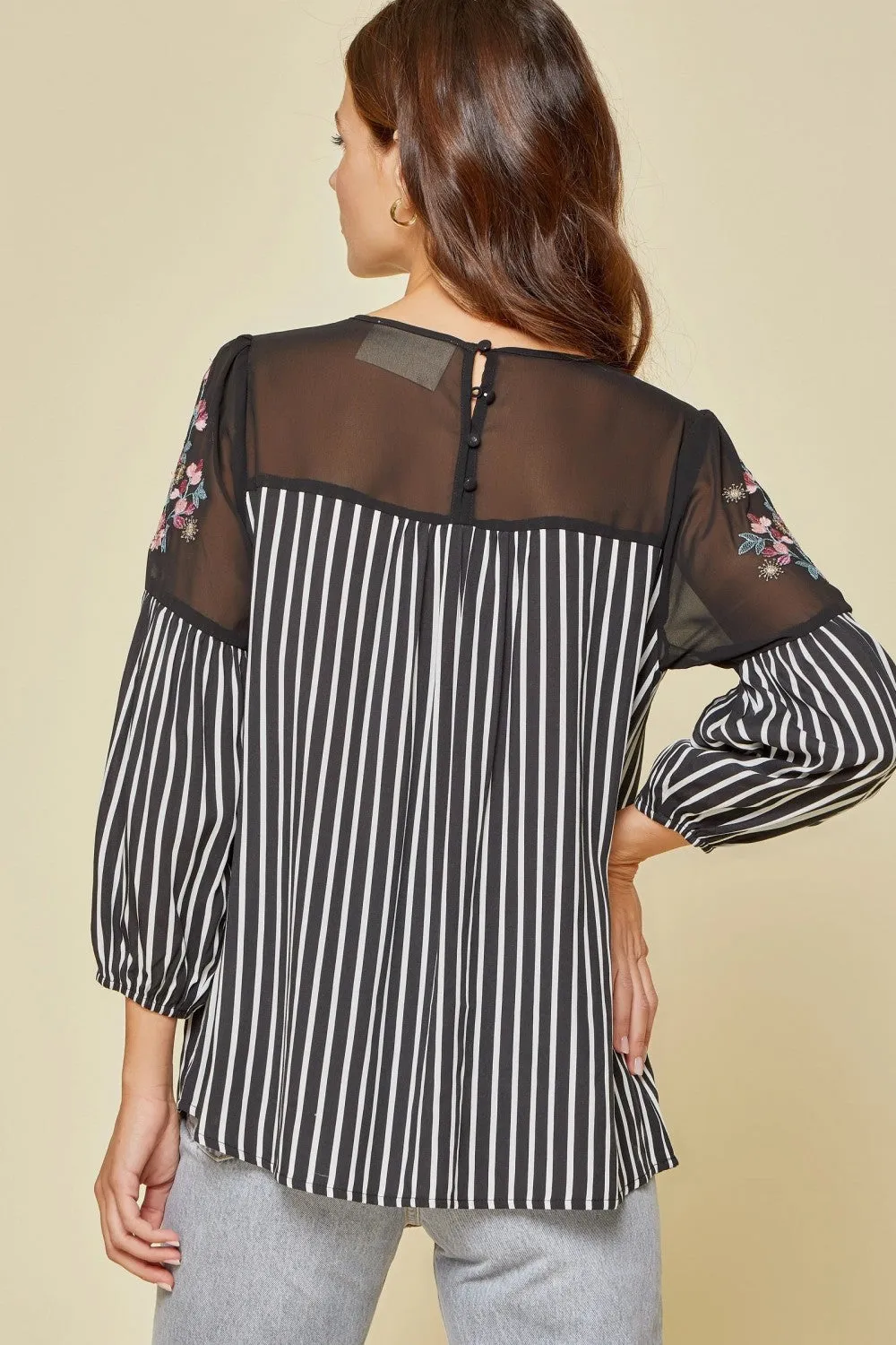 Floral Embroidered & Striped Top
