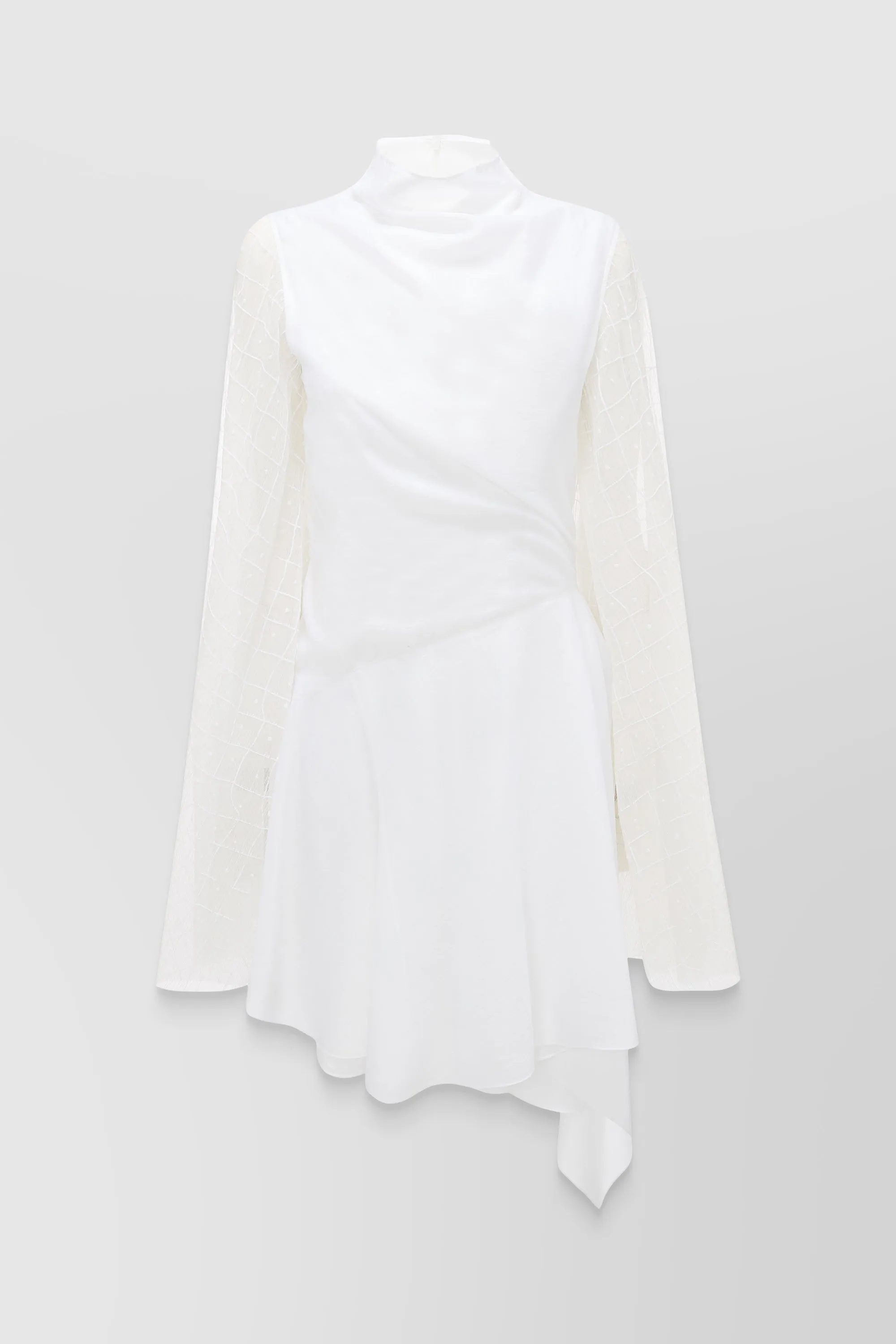 Fluid asymmetric dress with sheer trumpet sleeves