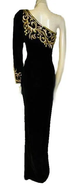 *FROM MY OWN PERSONAL COLLECTION - SOPHISTICATED VINTAGE ONE SHOULDER GODDESS BLACK VELVET & GOLD EVENING GOWN