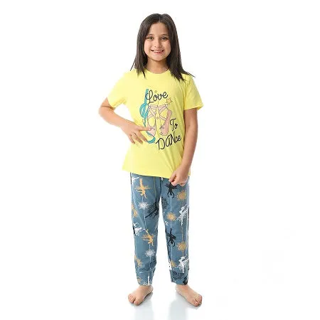 Girls' Cotton Pajama Set (Love To Dance) Summer Sleepwear - Yellow