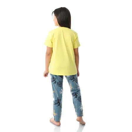 Girls' Cotton Pajama Set (Love To Dance) Summer Sleepwear - Yellow