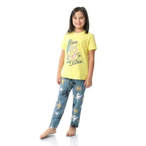 Girls' Cotton Pajama Set (Love To Dance) Summer Sleepwear - Yellow