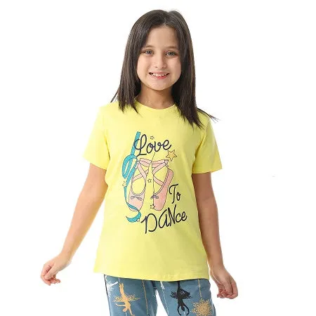 Girls' Cotton Pajama Set (Love To Dance) Summer Sleepwear - Yellow