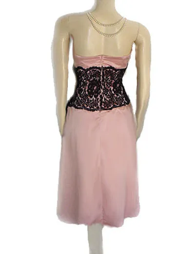 GORGEOUS VINTAGE AFTER SIX STRAPLESS BLACK LACE & PINK EVENING DRESS
