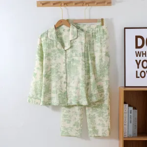 Green Crepe Cotton Mist Print Pajama Set