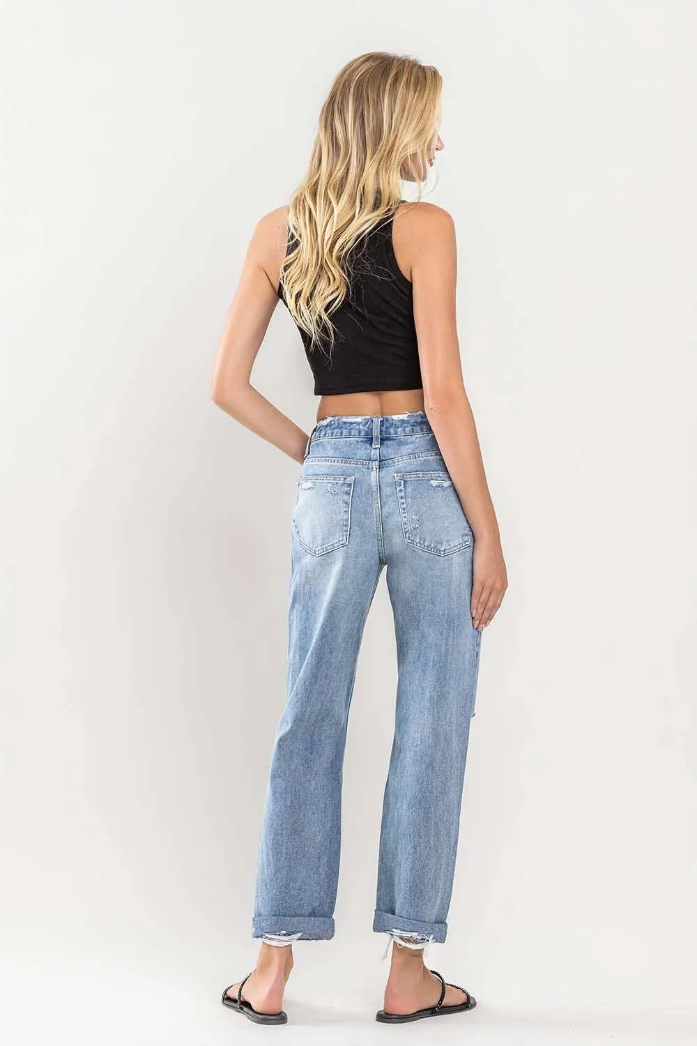 High Rise Cuffed Distressed Rigid Boyfriend Jeans