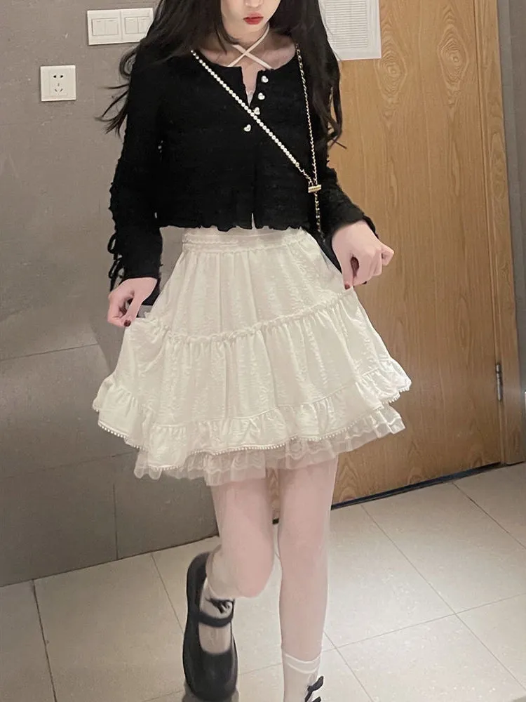 High Waist Retro Lace Ruffled Mini Skirt