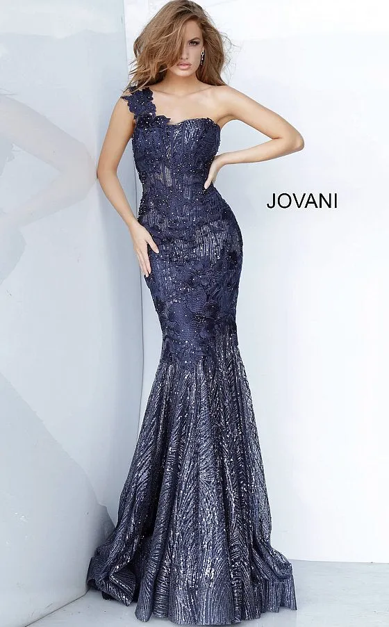 Jovani 02445 Long Fitted Mermaid Sheer Corset One Shoulder Evening Dress