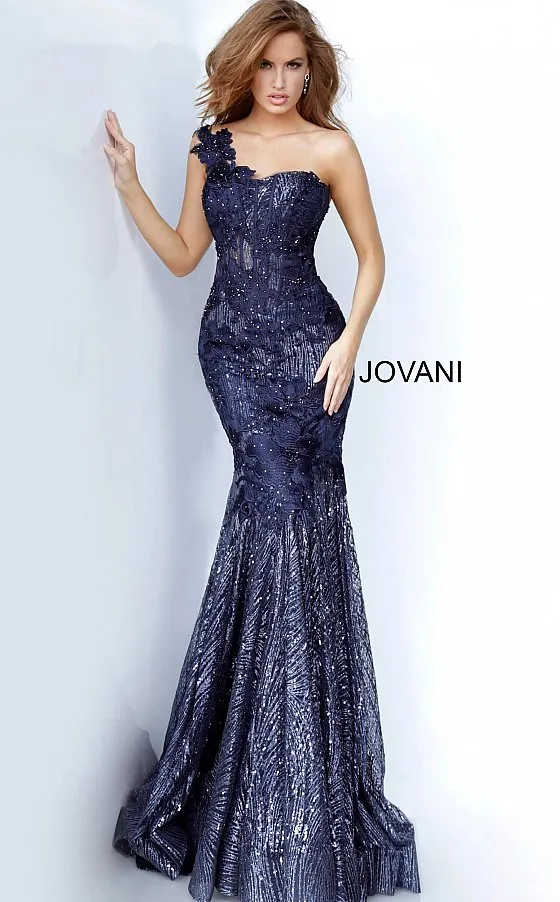 Jovani 02445 Long Fitted Mermaid Sheer Corset One Shoulder Evening Dress