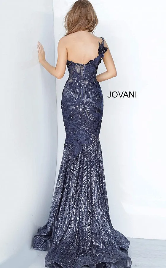 Jovani 02445 Long Fitted Mermaid Sheer Corset One Shoulder Evening Dress