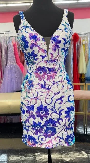 Jovani 09738 Size 4 Purple Short Fitted Floral Sequin Formal Cocktail Dress Plunging V Neck Backless Gown