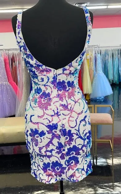 Jovani 09738 Size 4 Purple Short Fitted Floral Sequin Formal Cocktail Dress Plunging V Neck Backless Gown