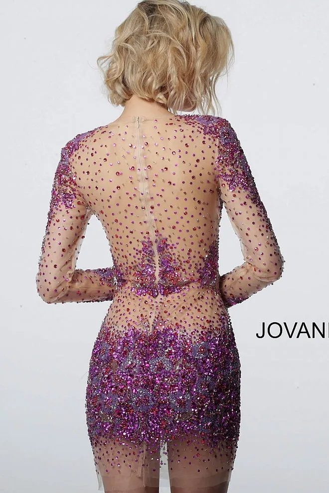 Jovani 47598 Short Fitted Sheer Crystal Cocktail Dress Long Sleeve Embellished