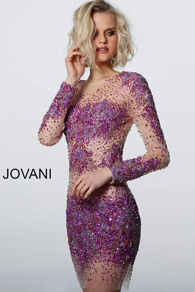 Jovani 47598 Short Fitted Sheer Crystal Cocktail Dress Long Sleeve Embellished
