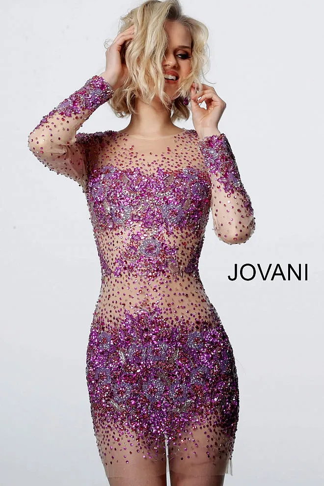 Jovani 47598 Short Fitted Sheer Crystal Cocktail Dress Long Sleeve Embellished