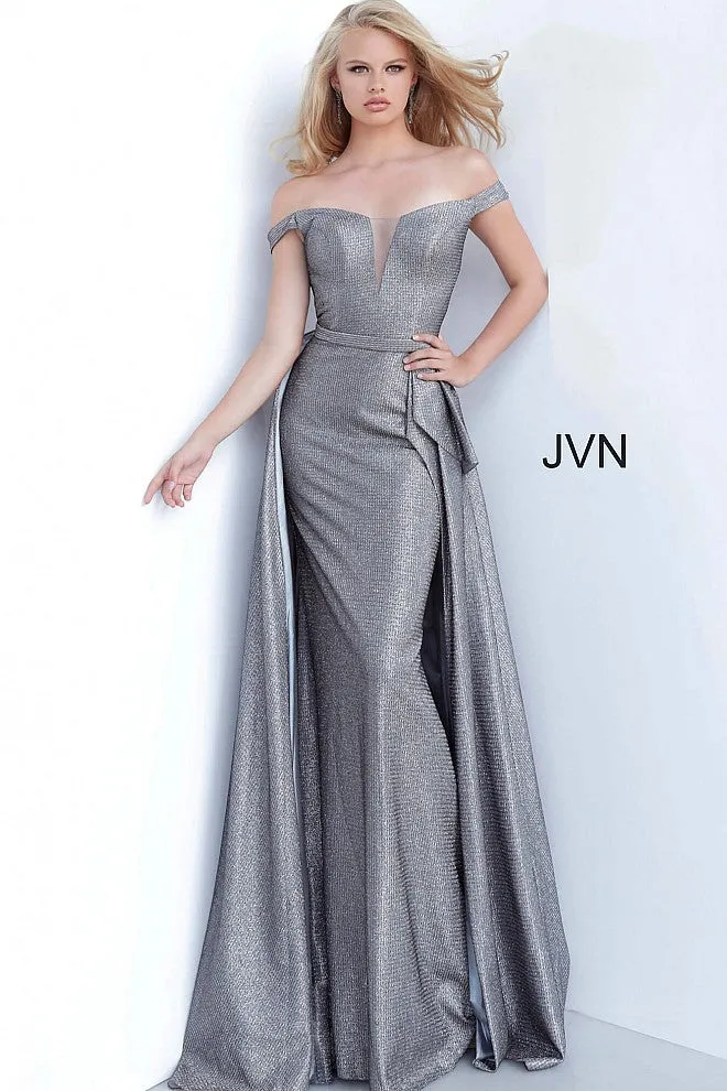 Jovani JVN2560 Size 8 Grey Metallic Long Fitted Prom Dress Overskirt V Neck Train