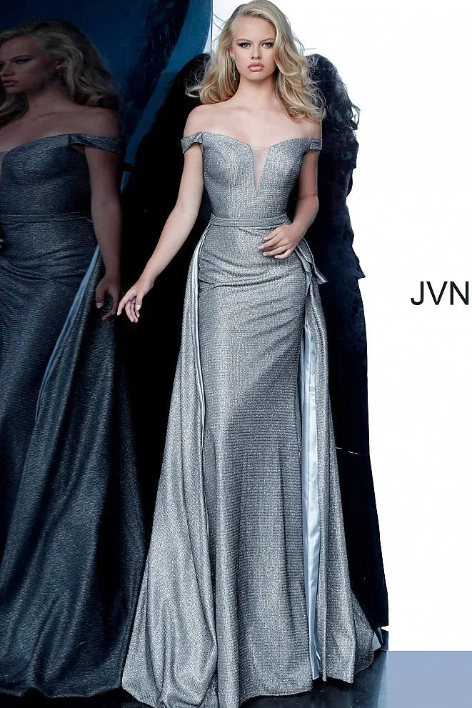 Jovani JVN2560 Size 8 Grey Metallic Long Fitted Prom Dress Overskirt V Neck Train