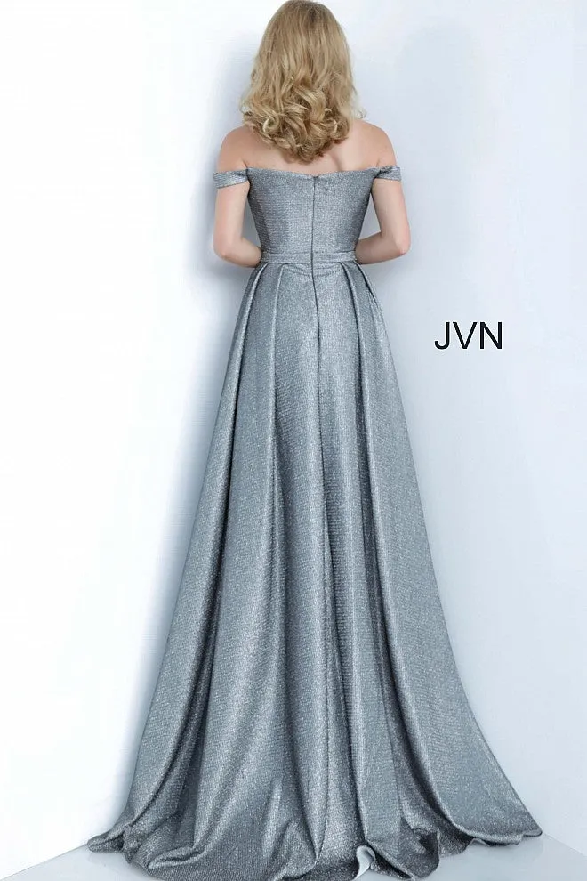 Jovani JVN2560 Size 8 Grey Metallic Long Fitted Prom Dress Overskirt V Neck Train