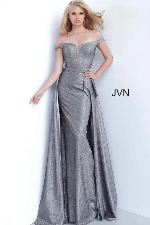 Jovani JVN2560 Size 8 Grey Metallic Long Fitted Prom Dress Overskirt V Neck Train