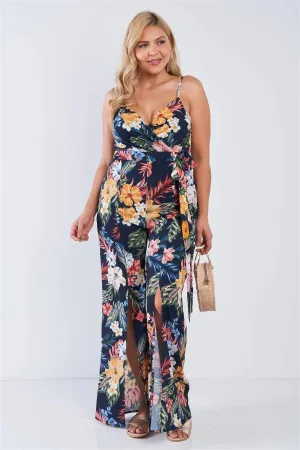 Junior Plus Size Navy Tropical Print V-Neck Wide Leg Slit Jumpsuit /2-1-1