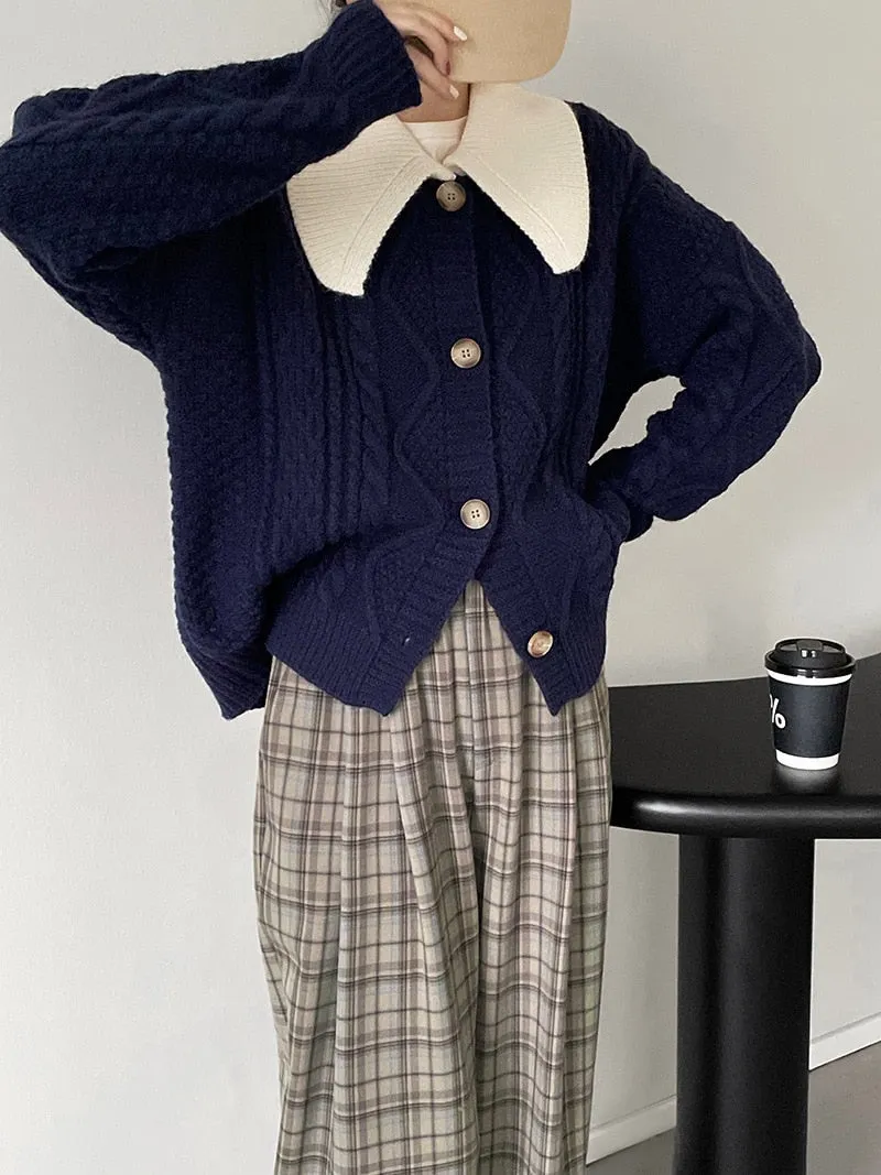 [Korean Style] Contrast Color Cable Knit Sweater Cardigan Jacket