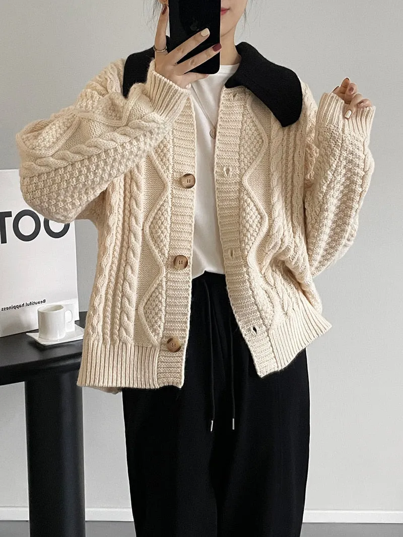 [Korean Style] Contrast Color Cable Knit Sweater Cardigan Jacket