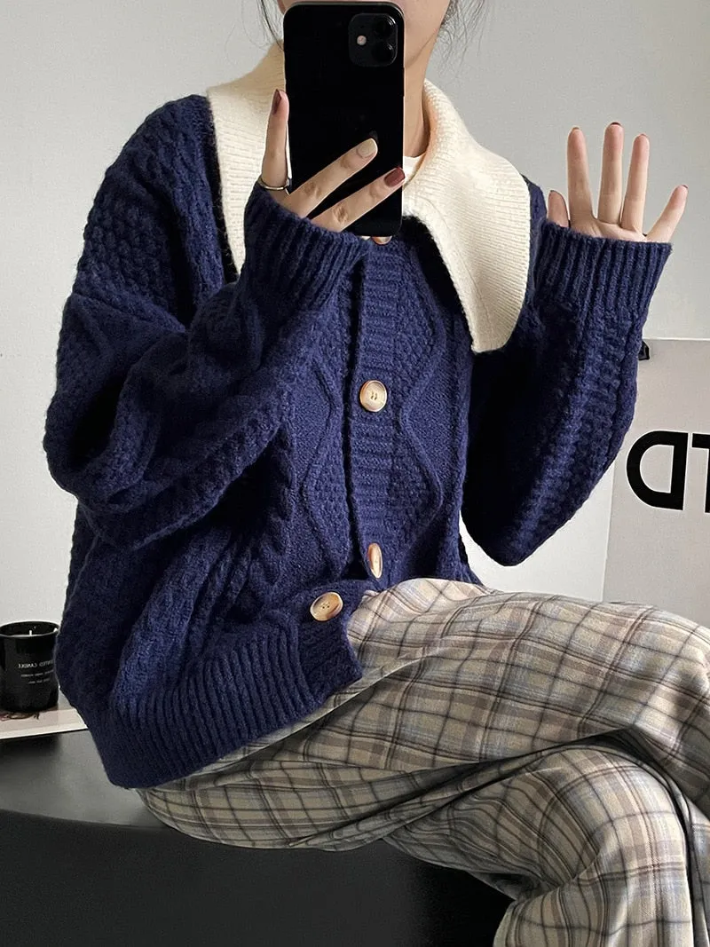 [Korean Style] Contrast Color Cable Knit Sweater Cardigan Jacket
