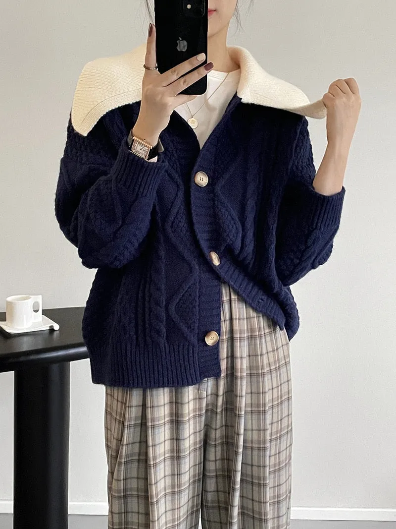 [Korean Style] Contrast Color Cable Knit Sweater Cardigan Jacket