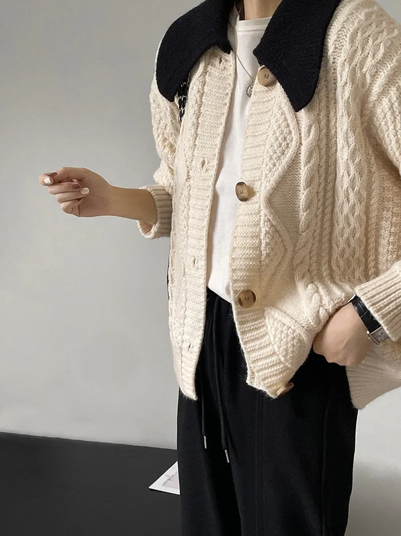 [Korean Style] Contrast Color Cable Knit Sweater Cardigan Jacket