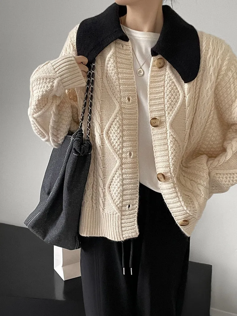 [Korean Style] Contrast Color Cable Knit Sweater Cardigan Jacket