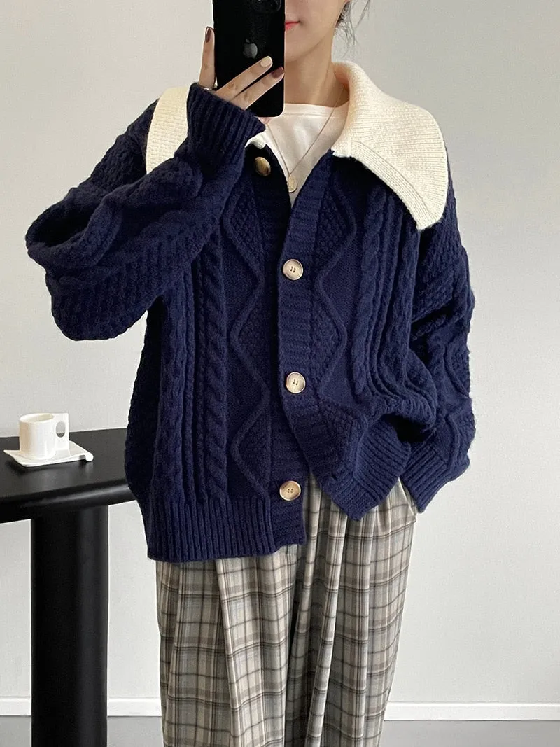 [Korean Style] Contrast Color Cable Knit Sweater Cardigan Jacket
