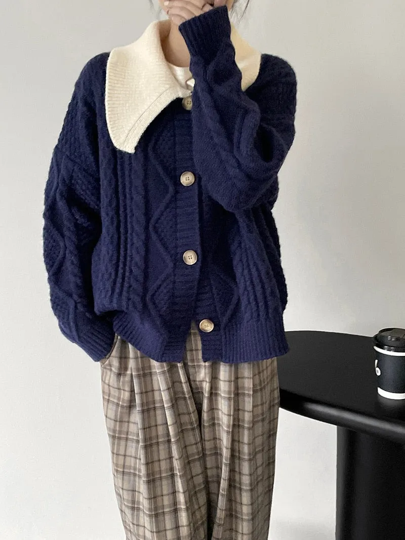 [Korean Style] Contrast Color Cable Knit Sweater Cardigan Jacket