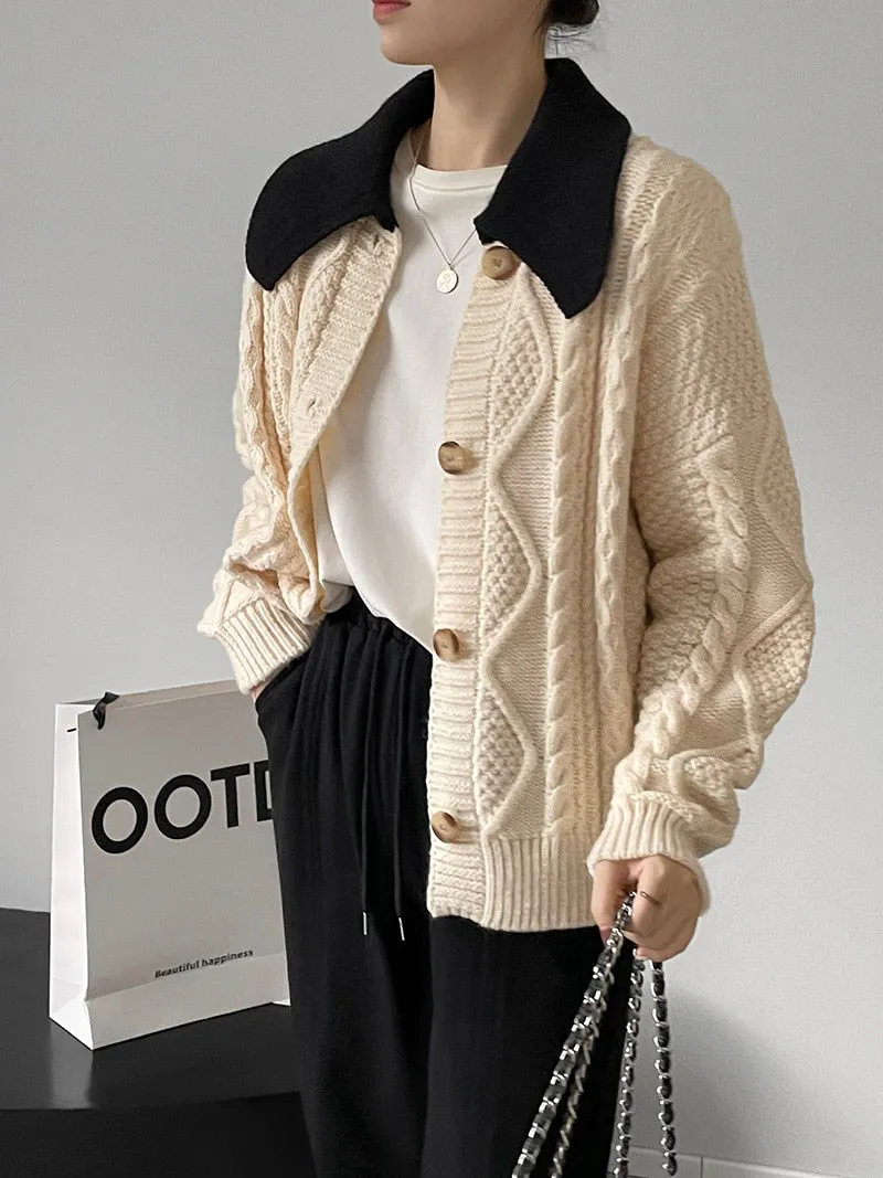 [Korean Style] Contrast Color Cable Knit Sweater Cardigan Jacket