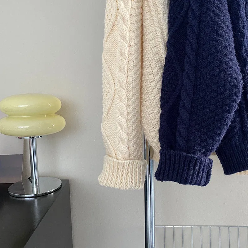 [Korean Style] Contrast Color Cable Knit Sweater Cardigan Jacket