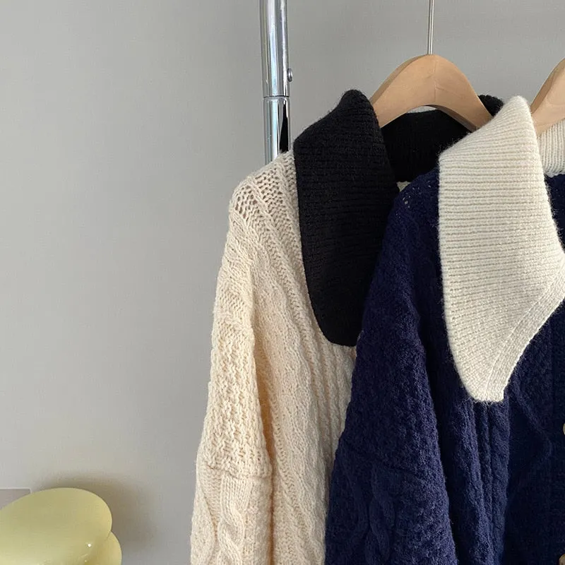 [Korean Style] Contrast Color Cable Knit Sweater Cardigan Jacket