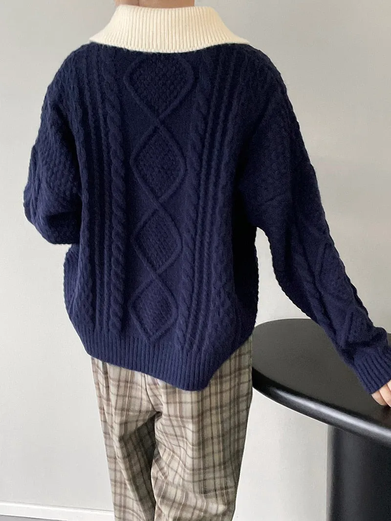 [Korean Style] Contrast Color Cable Knit Sweater Cardigan Jacket