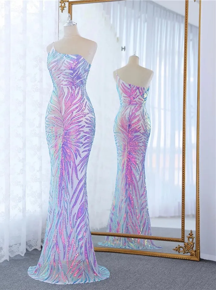 Ladies elegant one shoulder strap sequins long gown prom evening formal dress