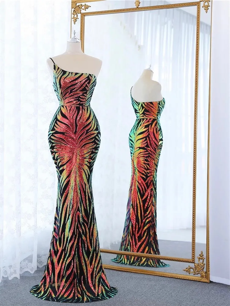 Ladies elegant one shoulder strap sequins long gown prom evening formal dress