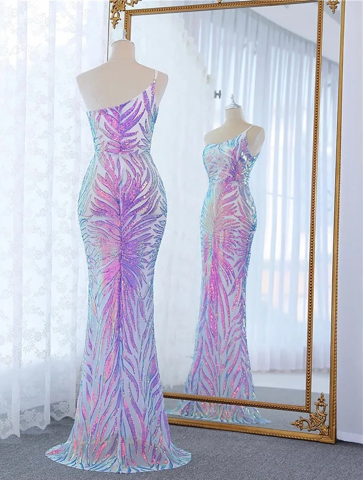 Ladies elegant one shoulder strap sequins long gown prom evening formal dress