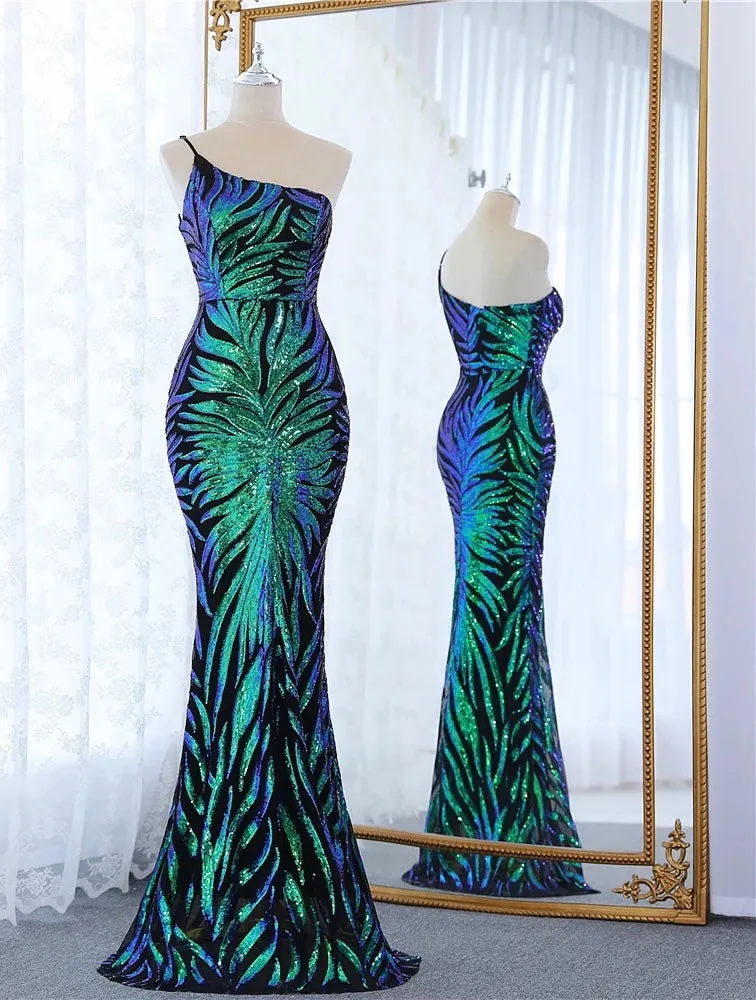 Ladies elegant one shoulder strap sequins long gown prom evening formal dress
