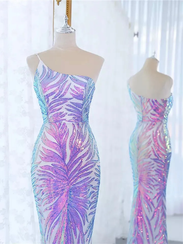 Ladies elegant one shoulder strap sequins long gown prom evening formal dress