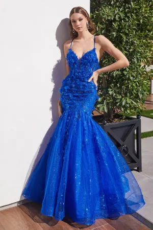 Ladivine CM328 Size 8 Royal Floral Mermaid Glitter Prom Dress Corset Formal Gown Sequin Shimmer