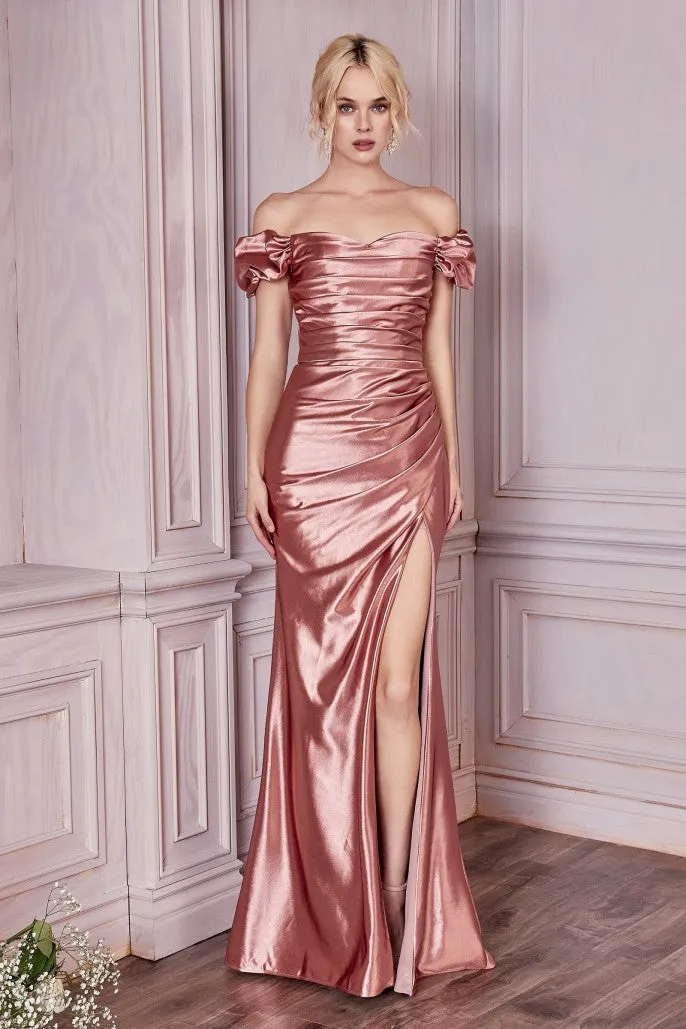 Ladivine KV1056 Long Fitted Satin Maxi Slit Formal Prom Dress Off the Shoulder Gown