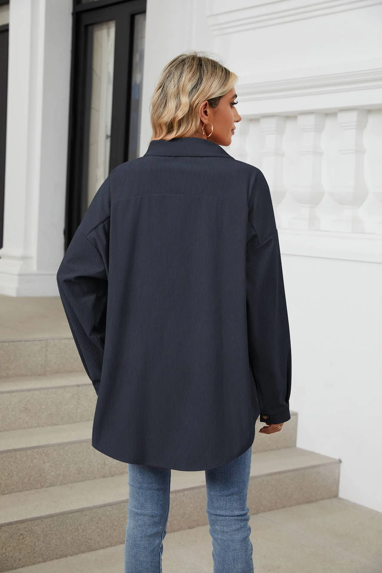 Lapel button-down long-sleeved Corduroy Shacket: Peacock blue