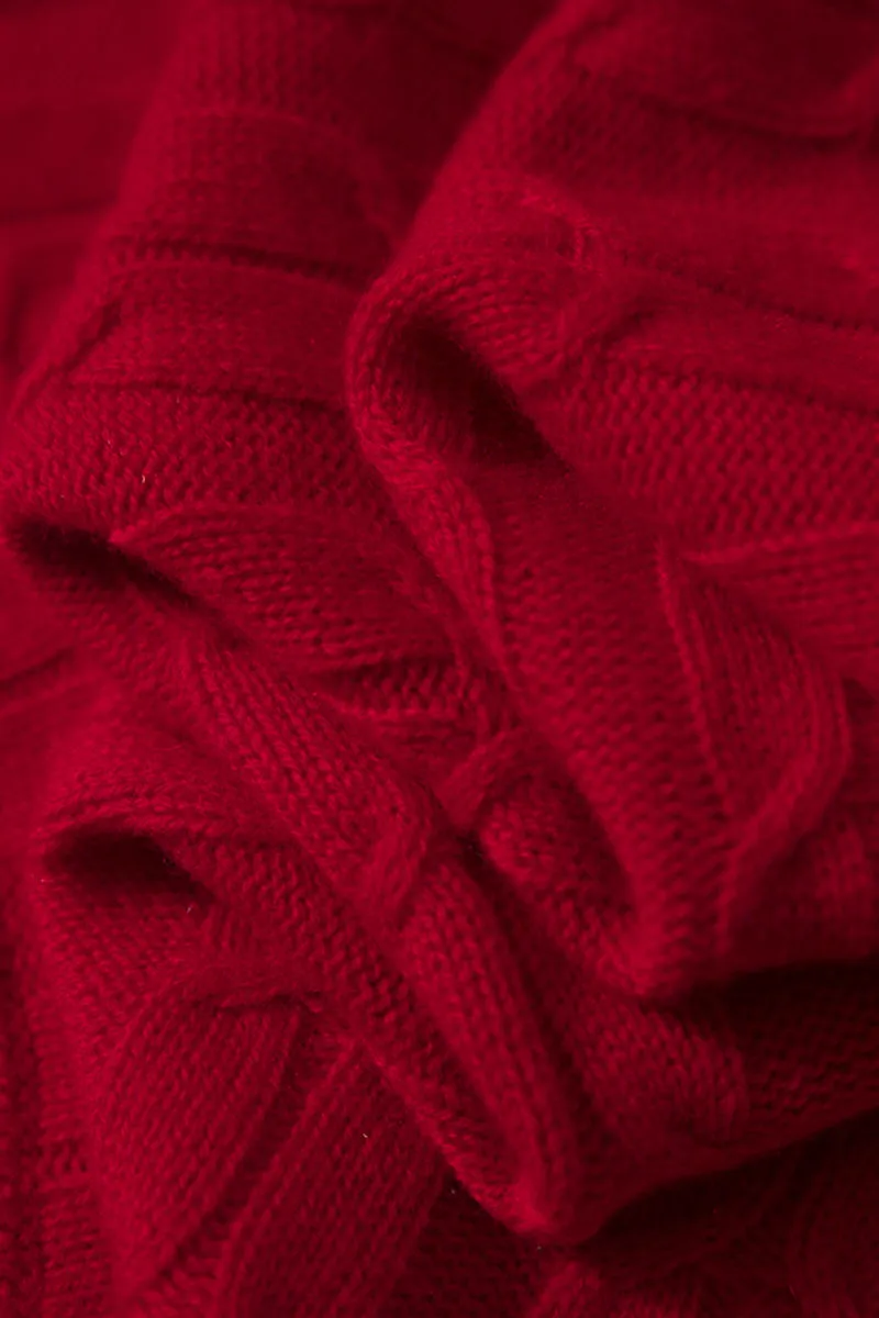 Merino Wool & Cashmere Blend Cable Knit Crewneck Sweater with Flared Sleeve