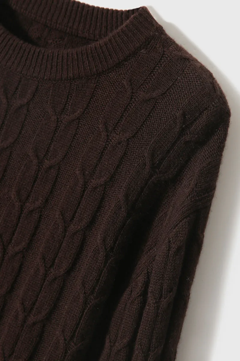 Merino Wool & Cashmere Blend Cable Knit Crewneck Sweater with Flared Sleeve