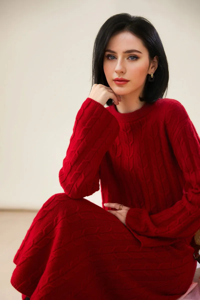 Merino Wool & Cashmere Blend Cable Knit Crewneck Sweater with Flared Sleeve