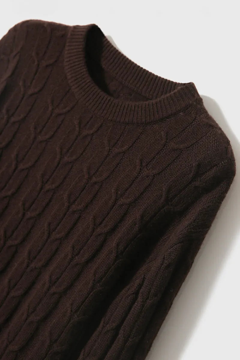 Merino Wool & Cashmere Blend Cable Knit Crewneck Sweater with Flared Sleeve