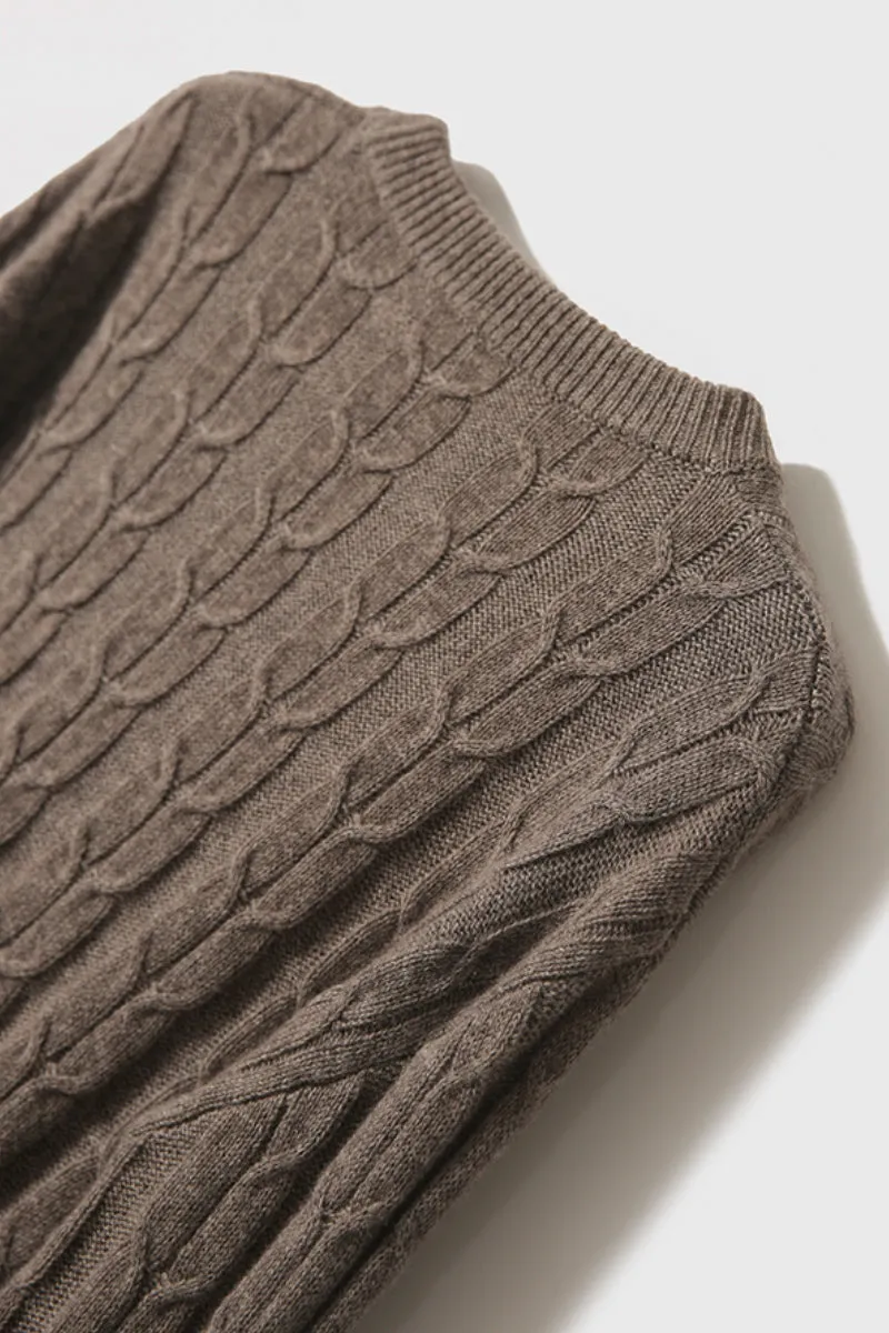 Merino Wool & Cashmere Blend Cable Knit Crewneck Sweater with Flared Sleeve