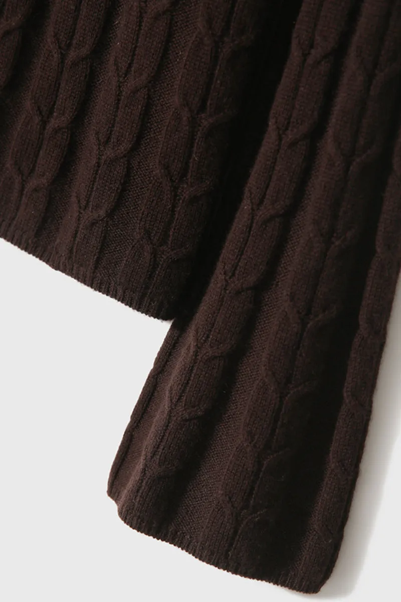 Merino Wool & Cashmere Blend Cable Knit Crewneck Sweater with Flared Sleeve